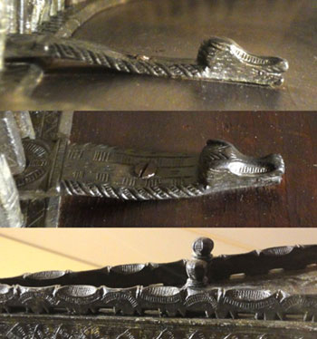 Figure 9: Detailed views of parts of neck-to-forepillar strap and neck end cap, showing similarity of scalloped (and other) decorative patterns.