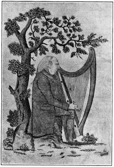 an engraving of O'Neill playing the harp