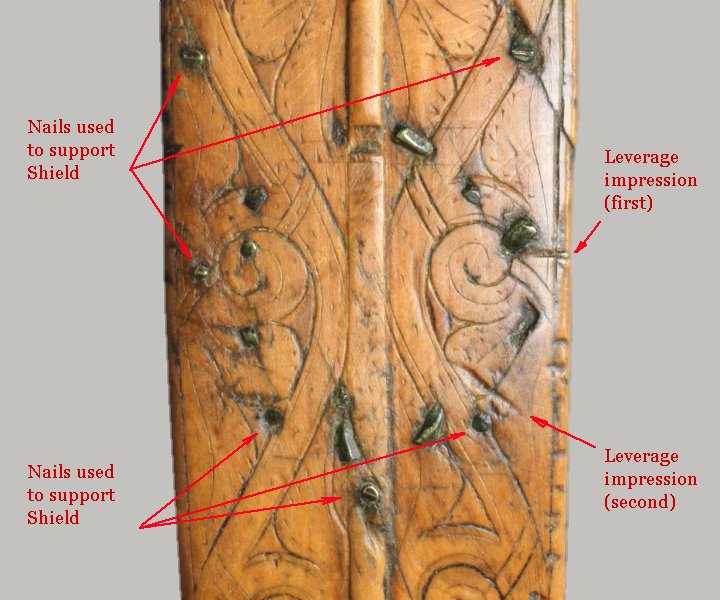 Annotated photograph of the Queen Mary Harp's pillar