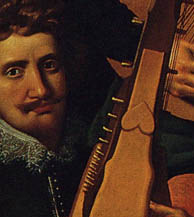 detail of the harp in Reinhold Timm painting of Christian iv’s court musicians